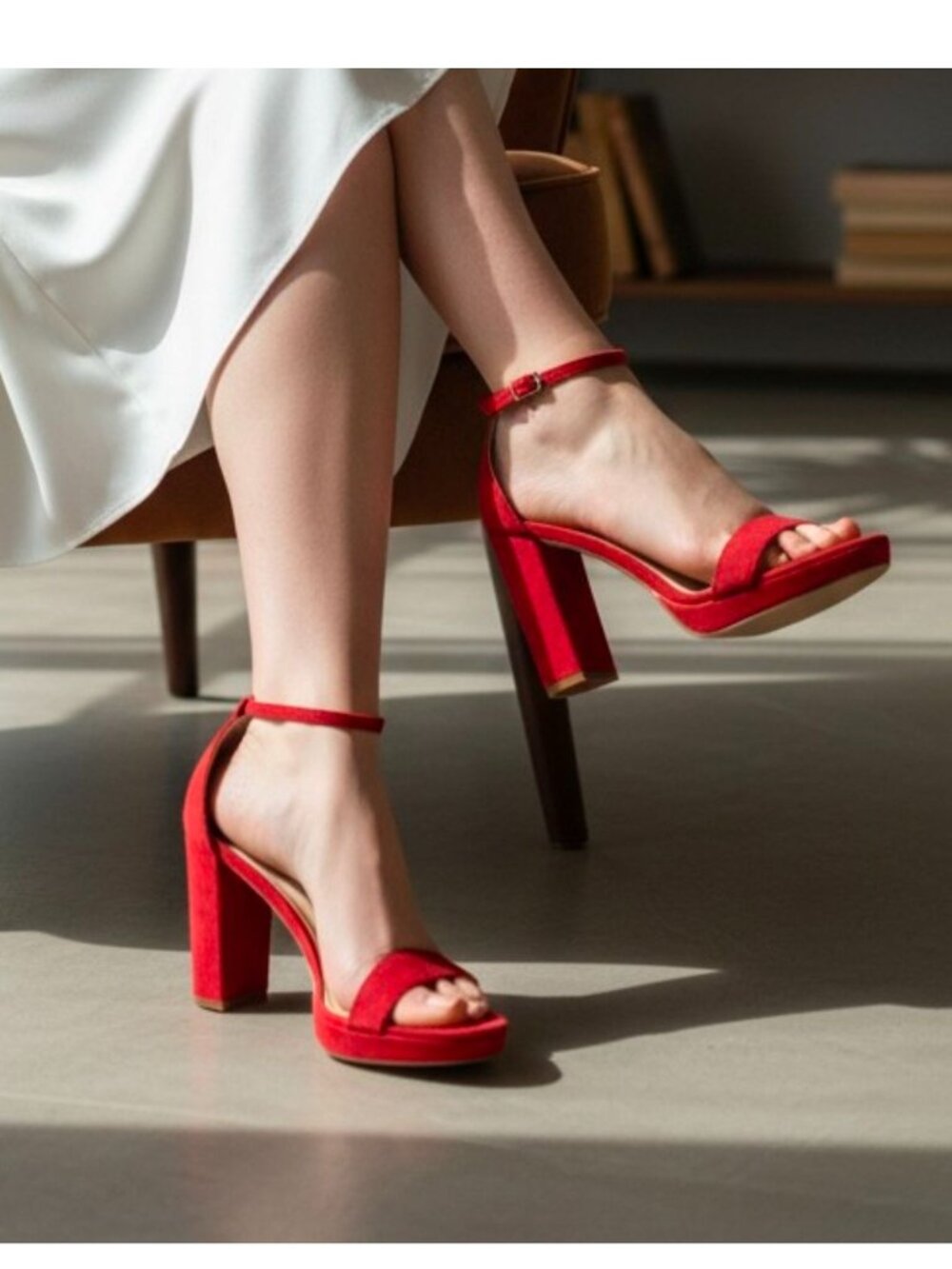Red Suede Ankle Strap High Block Heel Sandals For Women